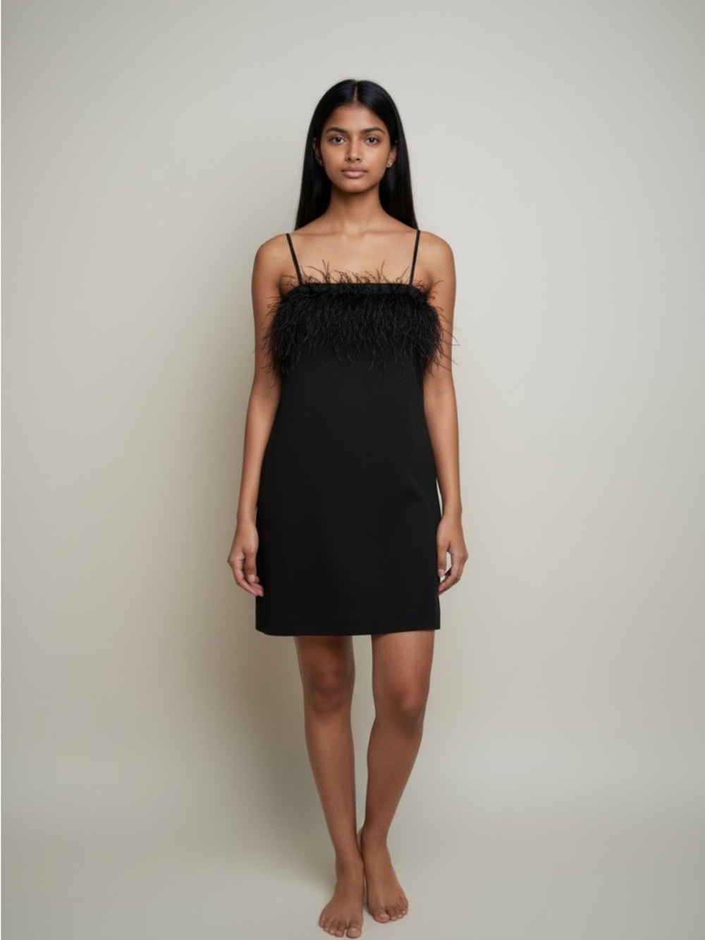 wild fable Black  Faux Feather-Trim Mini Dress